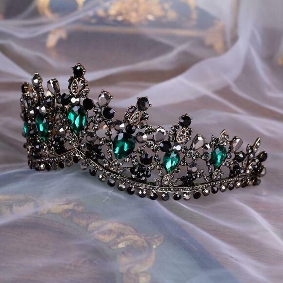 Green Black Rhinestone Bronze Tone Metal Tiara Crown Elegant Bridal Prom NEW - Picture 4 of 10